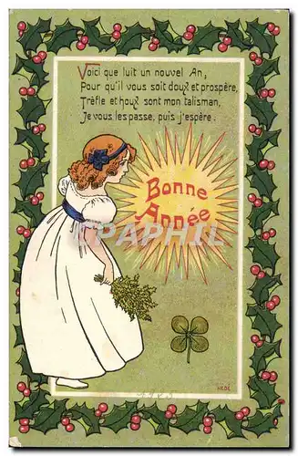 Cartes postales Fantaisie Illustrateur Enfant Bonne annee Trefles