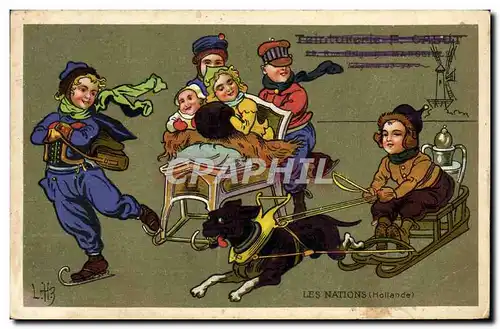 Cartes postales Fantaisie Illustrateur Les Nations Hollande Chien Traineau Patins a glace