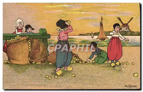 Cartes postales Fantaisie Illustrateur Pays-Bas Folklore Hollande Mad Hermet Enfants Moulin a vent