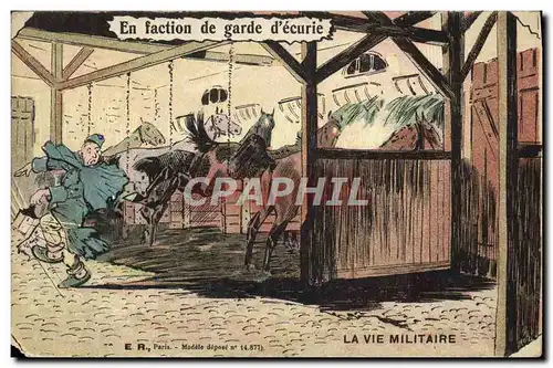 Cartes postales Fantaisie Militaria En faction de garde d&#39ecurie Cheval Ecuries