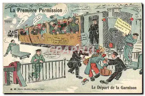 Ansichtskarte AK Fantaisie Militaria La premiere permission Train Le depart de la garnison