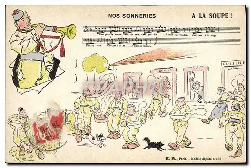 Cartes postales Fantaisie Militaria Nos sonneries A la soupe Trompette