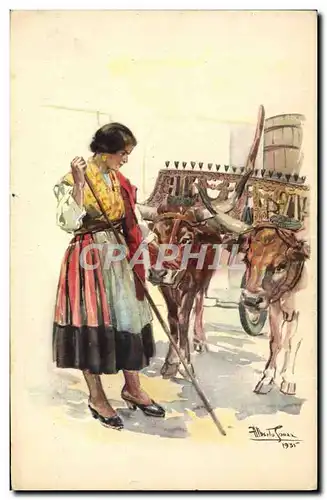 Cartes postales Fantaisie Illustrateur Femme Vaches Attelage