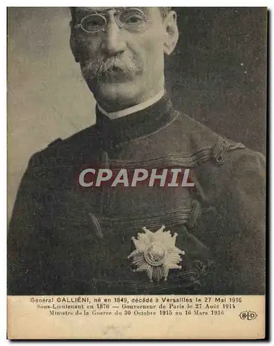 Cartes postales General Gallieni decede a Versailles Ministre de la guerre Medaille