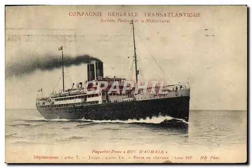 Ansichtskarte AK Bateau Paquebot Compagnie Generale Transatlantique Services postaux de la Mediterranee Duc D&#39