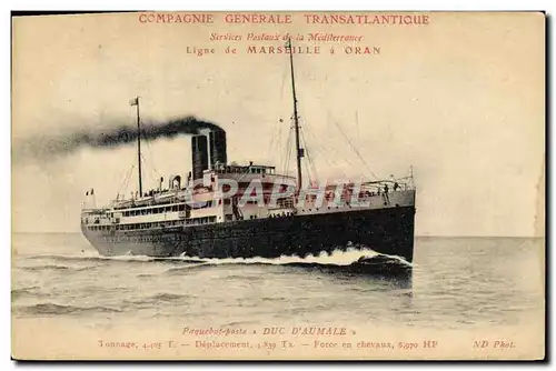 Ansichtskarte AK Bateau Paquebot Compagnie Generale Transatlantique Ligne de Marseille a Oran Duc d&#39Aumale