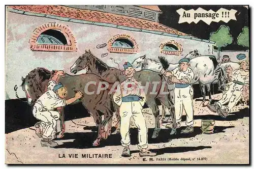 Cartes postales Militaria Au pansage Cheval