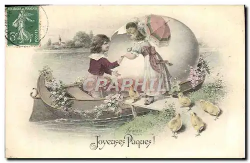 Cartes postales Fantaisie Illustrateur Enfants Paques Poussins