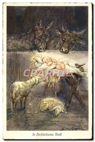 Ansichtskarte AK Fantaisie Illustrateur Bethlemn Christ Agneau Vache