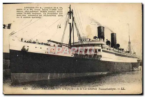 Cartes postales Bateau Paquebot Saint-Nazaire L&#39Espagne de la Cie Generale Transatlantique