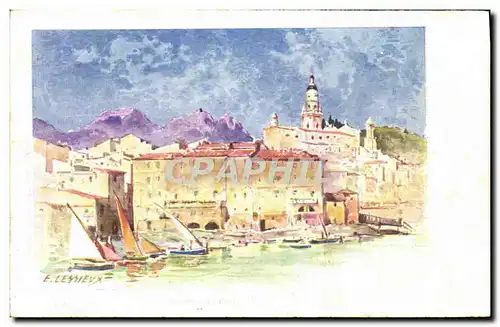 Cartes postales Fantaisie Illustrateur Lessieux Menton Le port Bateau