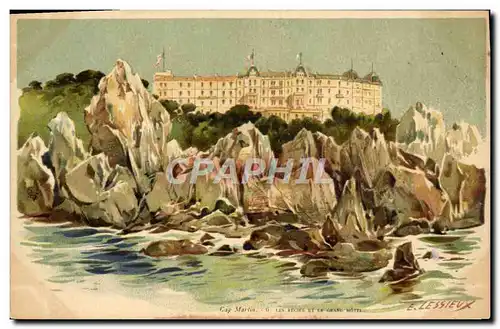 Cartes postales Fantaisie Illustrateur Lessieux Cap Martin Les recifs et le Grand Hotel