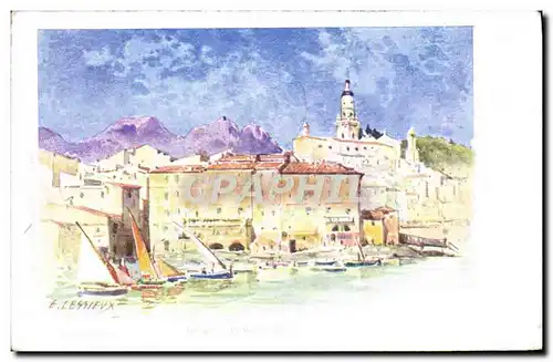 Cartes postales Fantaisie Illustrateur Menton Le port