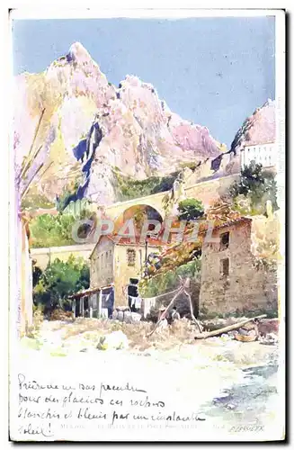 Cartes postales Fantaisie Illustrateur Menton Le ravin et le pont frontiere