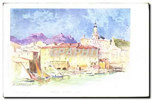 Cartes postales Fantaisie Illustrateur Menton Le port