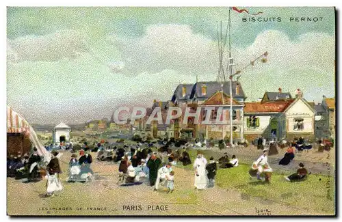 Cartes postales Fantaisie Illustrateur Les plages de France Paris Plage Publicite Biscuits Pernot