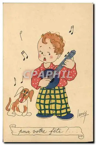 Cartes postales Fantaisie Illustrateur Lacroix Enfant Banjo Chien