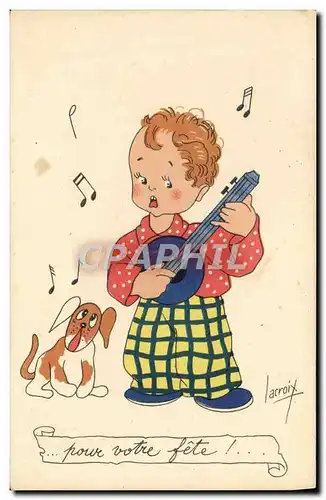 Cartes postales Fantaisie Illustrateur Lacroix Enfant Banjo Chien