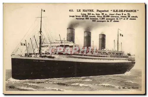 Cartes postales Bateau Paquebot Ile de France Le Havre