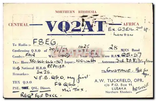 Cartes postales Telegraphie VQ2AT Norther Rhodesia