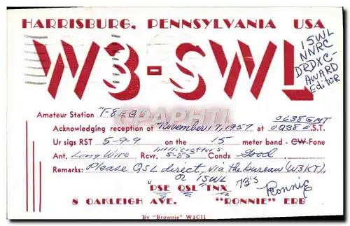 Cartes postales Telegraphie W3 SWL Harrisburg Pennsylvania USA