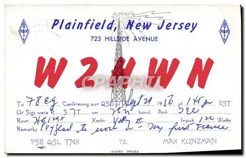 Cartes postales Telegraphie W2HWN Plainfield New Jersey Hillside Avenue Max Kunzman