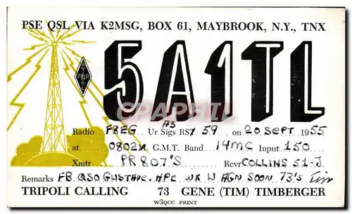 Cartes postales Telegraphie 5A1TL Maybrook NY Tripoli Calling Gene Timberger