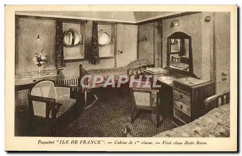 Cartes postales Bateau Paquebot Ile de France Cabine de 1ere classe