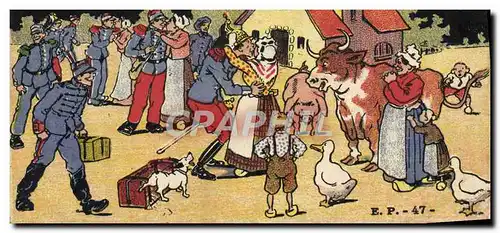 Cartes postales Fantaisie Militaria Permissionnaires au pays Vache Chien Oie Cochon Porc