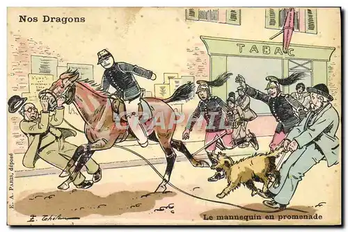 Cartes postales Fantaisie Militaria Nos dragons Cheval Le mannequin en promenade Chien