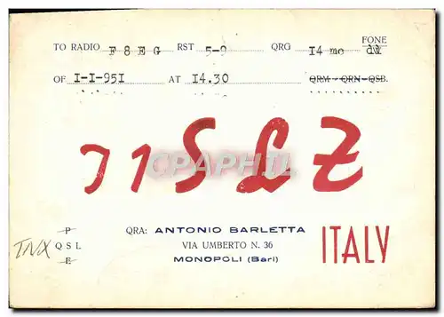 Cartes postales Telegraphie J1SLZ Anotnio Barletta Via Umberto Monopoli Bari Italy