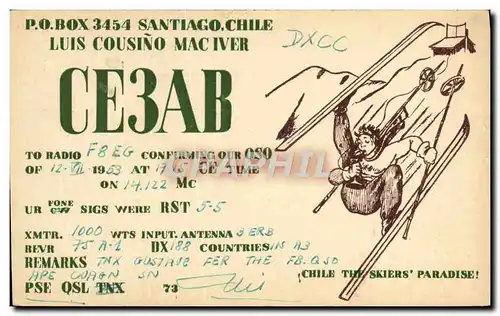 Cartes postales Telegraphie CE3AB Santiago Chile Luis cousino Mac Iver Ski