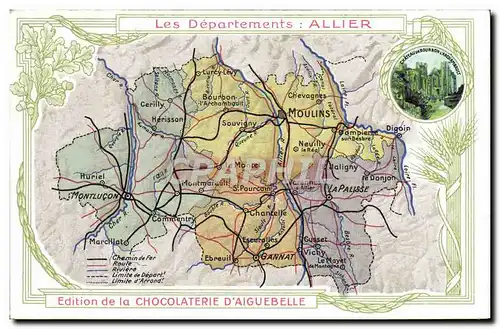 Ansichtskarte AK Cartes geographiques Chocolaterie d&#39Aiguebelle Allier Bourbon L&#39Archambault Chateau