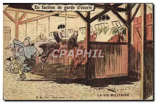 Cartes postales Fantaisie Militaria En faction de garde d&#39ecurie Cheval