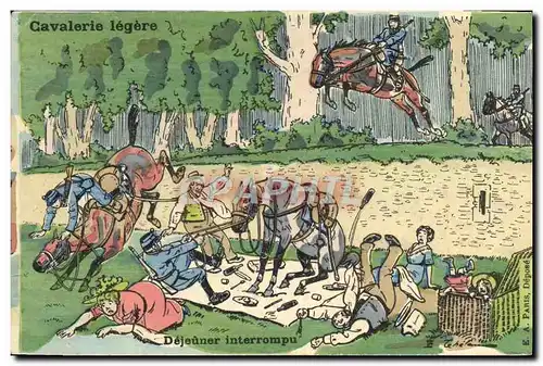 Cartes postales Fantaisie Militaria Cavalerie legere Cheval Dejeuner interrompu