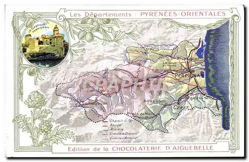 Ansichtskarte AK Carte geographique Chocolaterie d&#39Aiguebelle Pyrenees Orientales Castillet de Perpignan