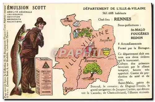 Cartes postales Carte geographique Emulsion Scott Ille & Vilaine Rennes Poisson