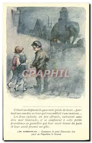 Cartes postales Fantaisie Illustrateur Poulbot Victor Hugo Les Miserables Gavroche Napoleon le Grand Elephant