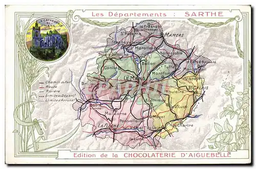 Cartes postales Carte Geographique Chocolaterie d&#39Aiguebelle Departement Sarthe Le Mans