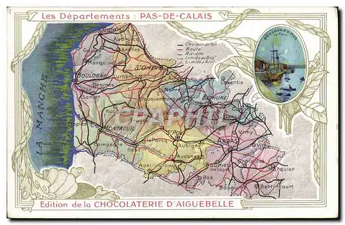 Ansichtskarte AK Carte Geographique Chocolaterie d&#39Aiguebelle Departement Pas de Calais Boulogne sur Mer Le po