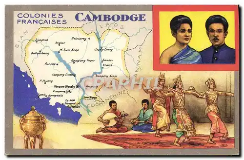 Cartes postales Carte Geographique Cambodge Annam Lion Noir