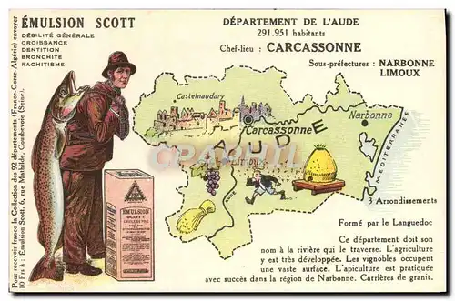Cartes postales Carte Geographique Emulsion Scott Aude Carcassonne