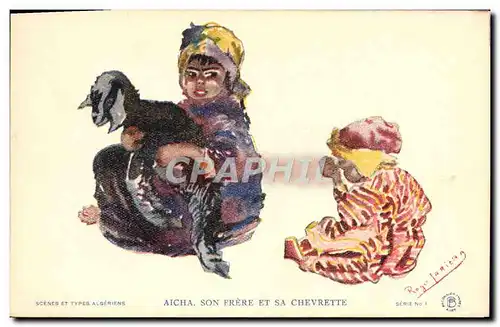 Cartes postales Fantaisie Illustrateur Aicha son frere et sa chevrette Chevre