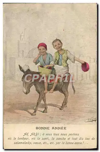 Ansichtskarte AK Fantaisie Illustrateur Bonne annee Ane mule Enfants