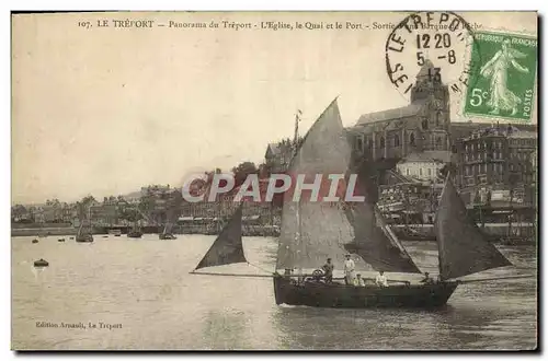 Ansichtskarte AK Bateau de peche Le Treport Panorama L&#39eglise Le quai et le port Sortie d&#39une barque de pec
