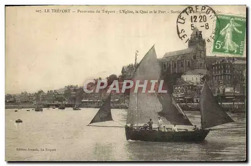 Cartes postales Bateau de peche Le Treport Panorama L&#39eglise Le quai et le port Sortie d&#39une barque de pec