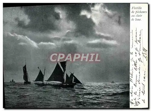 Cartes postales Bateau de peche Flotille de pecheurs au clair de lune