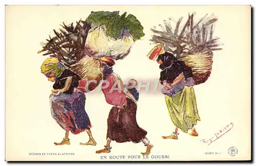 Cartes postales Fantaisie Illustrateur Afrique du Nord Algerie En route pour le Gourbi Femmes