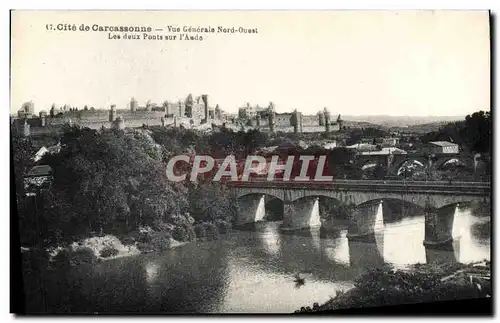 Cartes postales Cite De Carcassonne Vue Generale Nord Ouest Les deux ponts sur l'Aude