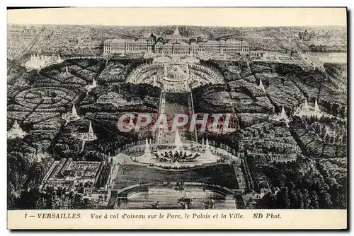 Cartes postales Versailles Vue A Vol D'Oiseau Sur Le Parc le palais et la ville